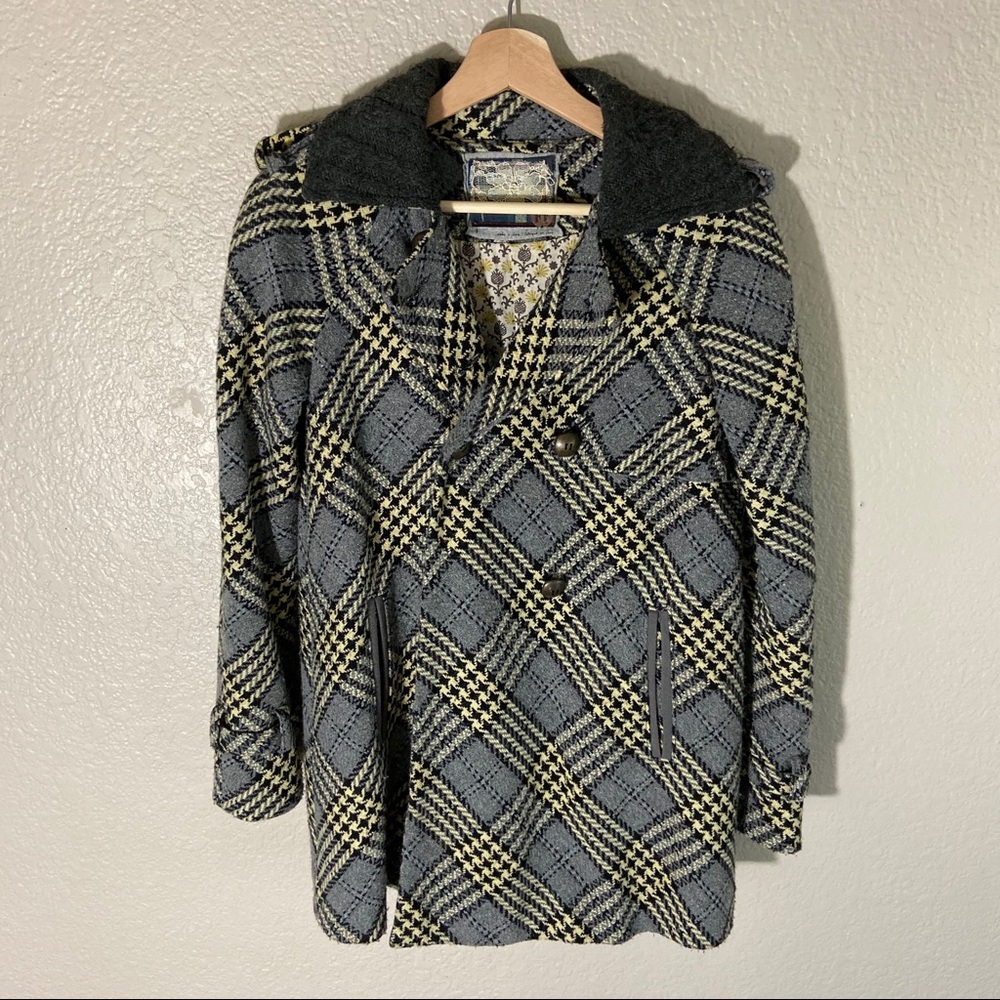 Free People Gray and Black Plaid Wool Pea Coat